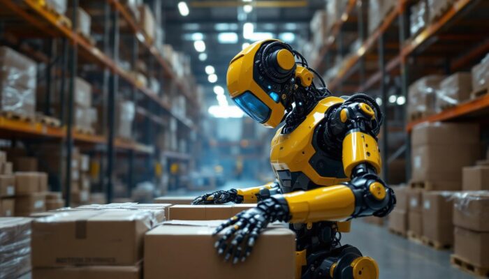 A photograph of capture a photograph of the boston dynamics stretch robot in action within an industrial warehouse setting