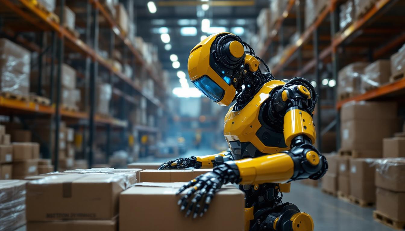 A photograph of capture a photograph of the boston dynamics stretch robot in action within an industrial warehouse setting