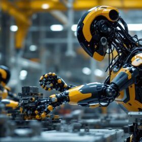 A photograph of a boston dynamics robot in an industrial setting