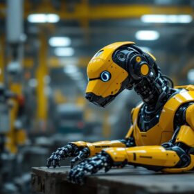 A photograph of a boston dynamics robotic dog in an industrial setting