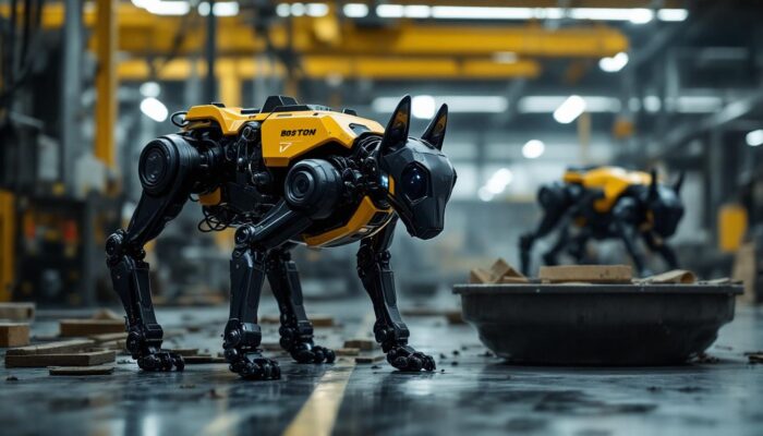 A photograph of capture a photograph of the boston dynamics spot robot dog in an industrial setting