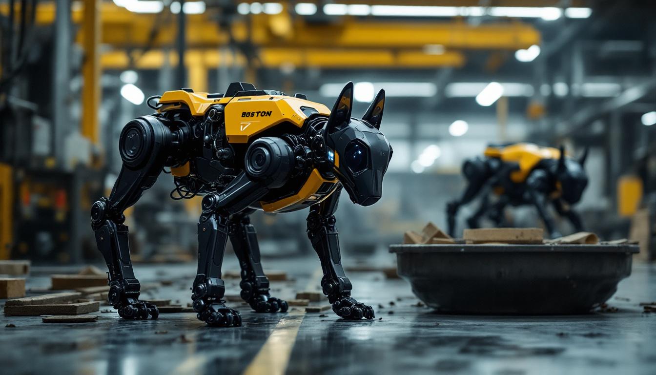 A photograph of capture a photograph of the boston dynamics spot robot dog in an industrial setting