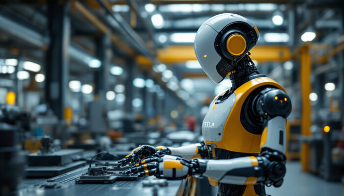 A photograph of a tesla robot in an industrial setting
