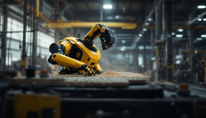 A photograph of a boston dynamics robot in action within an industrial setting
