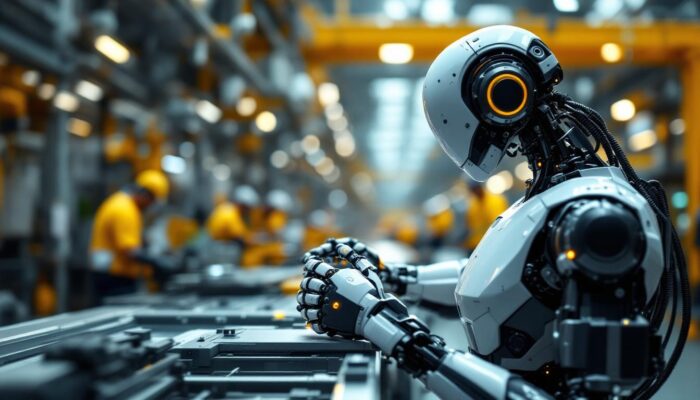 A photograph of a sleek industrial robot in action