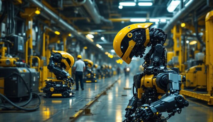 A photograph of a dynamic industrial setting featuring boston dynamics robots in action