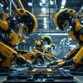 A photograph of a dynamic scene featuring boston dynamics robots in action within an industrial setting