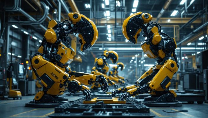 A photograph of a dynamic scene featuring boston dynamics robots in action within an industrial setting