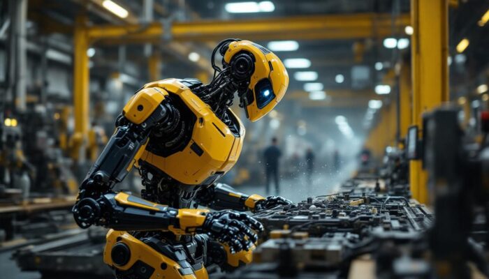 A photograph of a boston dynamics robot in action within an industrial setting