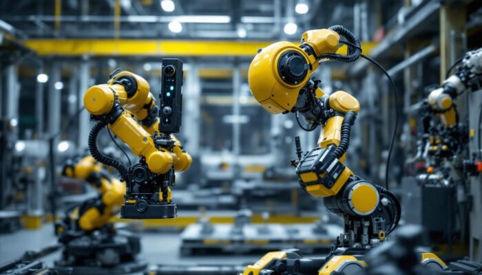 A photograph of capture a photograph of the boston robotics atlas robot in action within an industrial setting