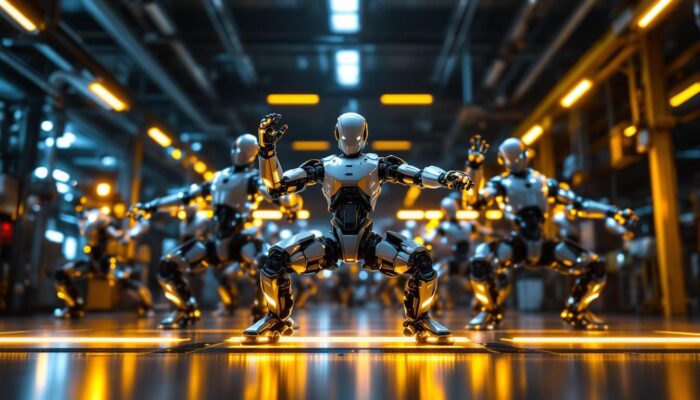A photograph of a dynamic scene featuring an industrial robot performing a synchronized dance routine in a modern manufacturing setting