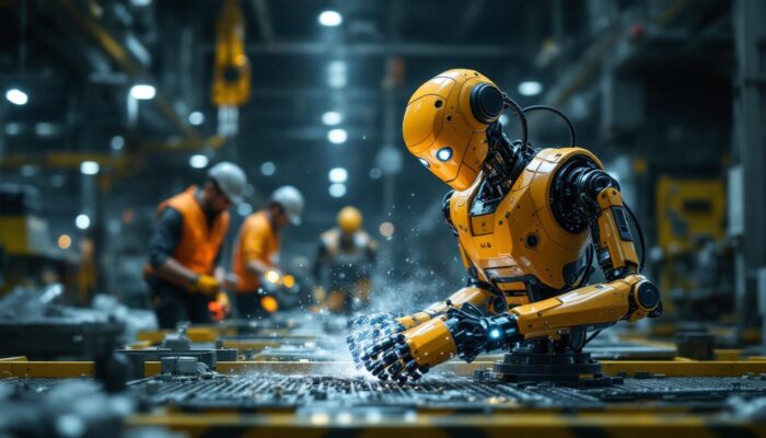 A photograph of a dynamic scene featuring an atlas robot in an industrial setting