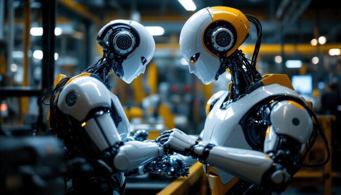 A photograph of a sleek industrial robot in action within a manufacturing environment