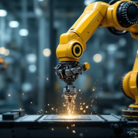 A photograph of a sleek industrial robotic arm in action