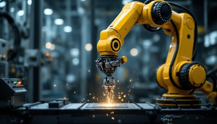 A photograph of a sleek industrial robotic arm in action