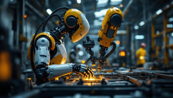 A photograph of a sleek industrial robot in action