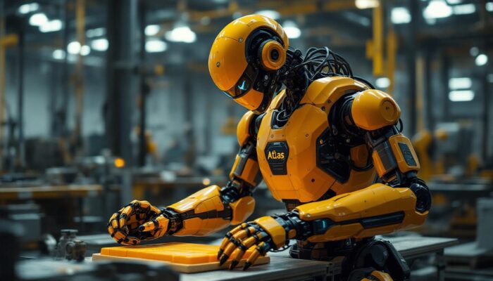 A photograph of capture a photograph of the atlas humanoid robot in an industrial setting