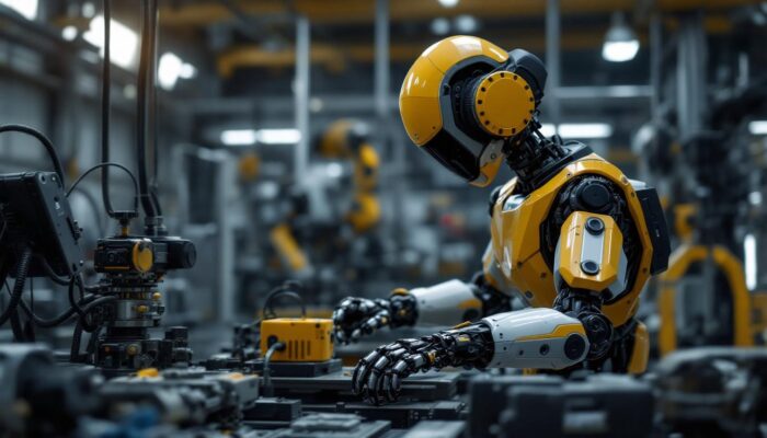 A photograph of capture a photograph of the atlas 2 robot in action within an industrial setting