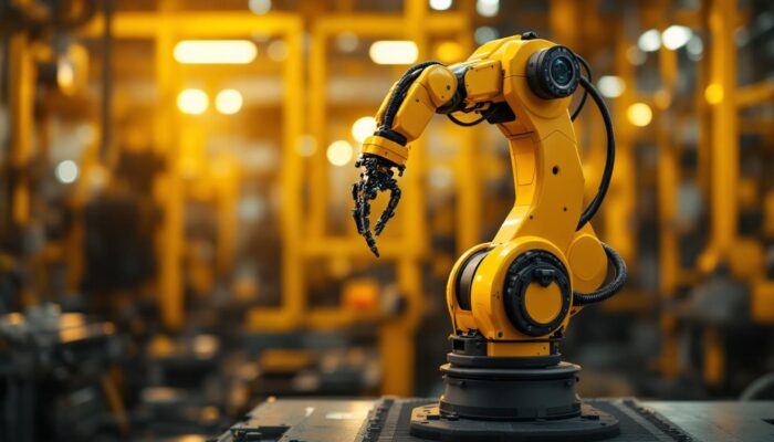 A photograph of a robotic arm equipped with acoustic imaging sensors in an industrial setting