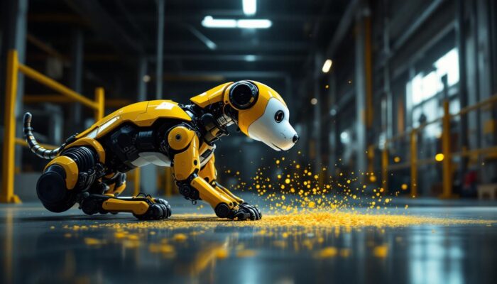 A photograph of capture a photograph of the boston scientific robot dog in action within an industrial setting