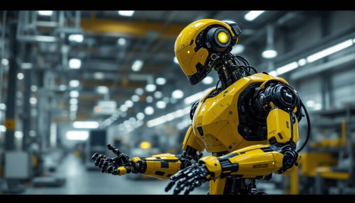 A photograph of a boston dynamics robot in action within an industrial setting