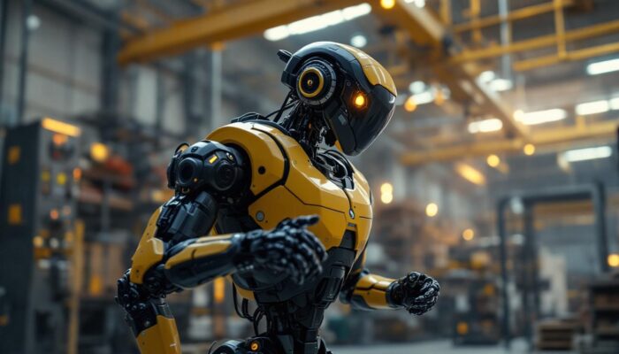 A photograph of a boston dynamics robot in action within an industrial setting