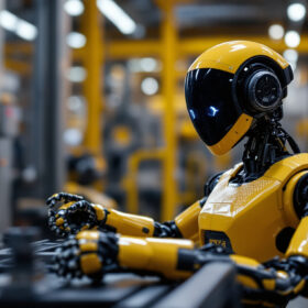 A photograph of capture a photograph of a tesla bot in an industrial setting