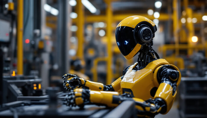 A photograph of capture a photograph of a tesla bot in an industrial setting