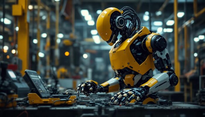 A photograph of a boston dynamics robot in action within an industrial setting