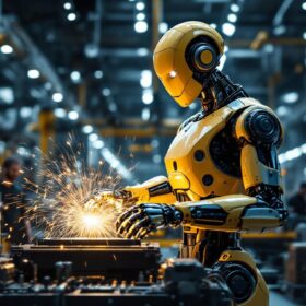 A photograph of a sleek industrial robot in action within a modern manufacturing facility