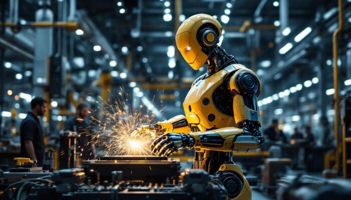A photograph of a sleek industrial robot in action within a modern manufacturing facility