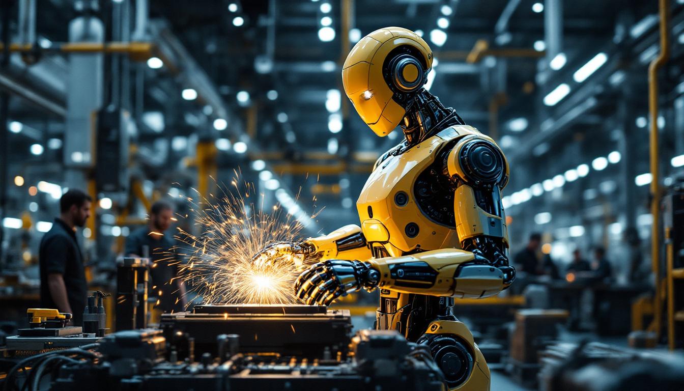 A photograph of a sleek industrial robot in action within a modern manufacturing facility