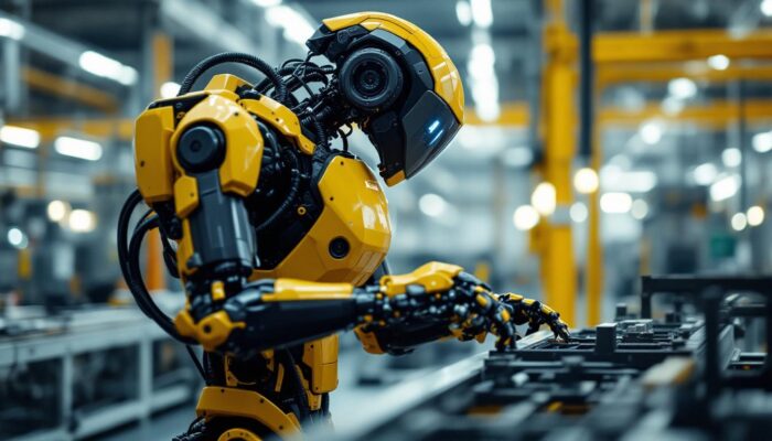 A photograph of a boston dynamics atlas 2.0 robot in action within an industrial setting