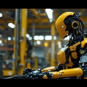 A photograph of capture a photograph of a boston dynamics robot in action within an industrial setting