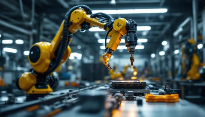 A photograph of a boston dynamics robotic arm in action within an industrial setting