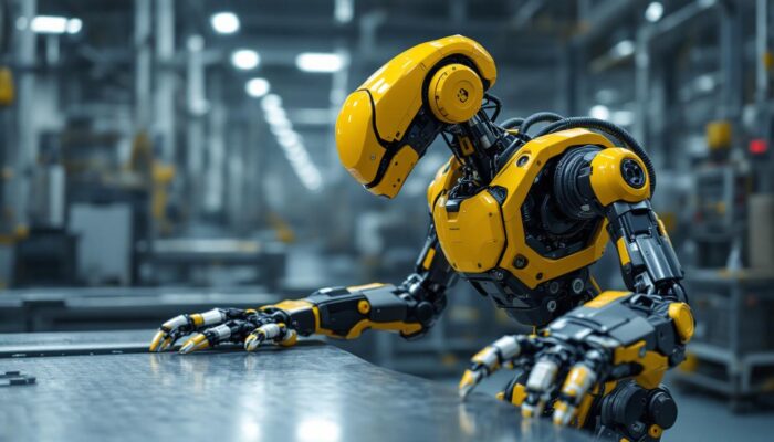 A photograph of a boston dynamics robot in an industrial setting