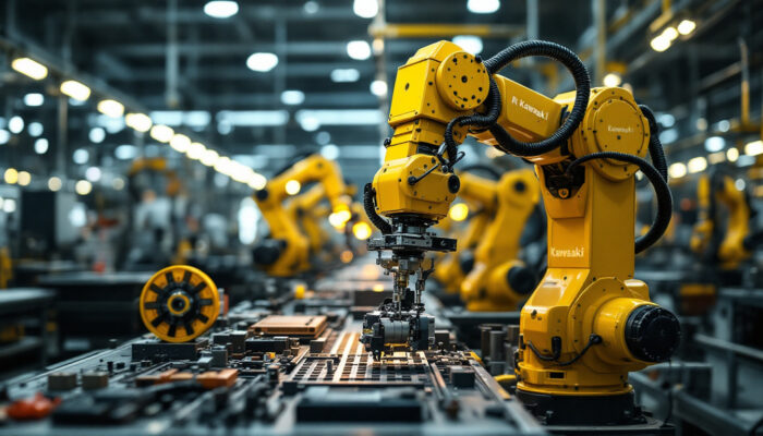 A photograph of a kawasaki industrial robot in action within a manufacturing setting