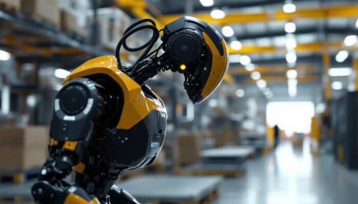 A photograph of a boston dynamics robot in action within an industrial setting