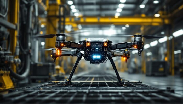 A photograph of a boston dynamics drone in action within an industrial setting