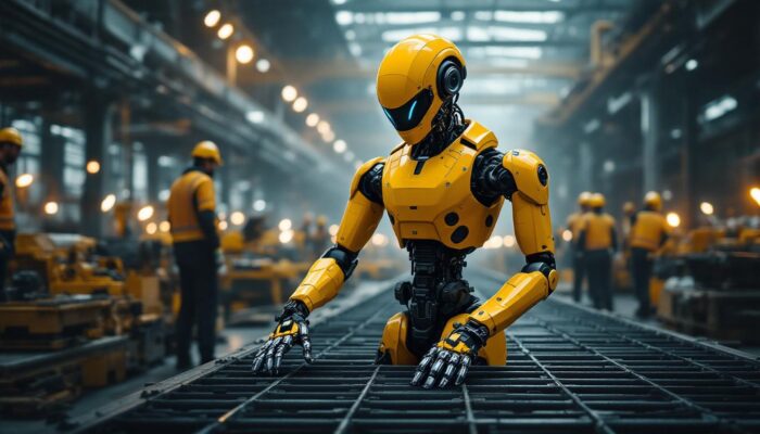 A photograph of capture a photograph of boston dynamics' new humanoid robot in action within an industrial setting