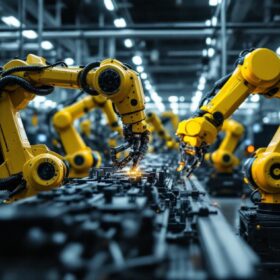 A photograph of a dynamic scene featuring industrial robots in action within a manufacturing environment
