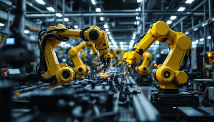 A photograph of a dynamic scene featuring industrial robots in action within a manufacturing environment
