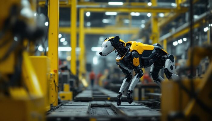 A photograph of capture a photograph of boston dynamics' robotic dog spot in an industrial setting