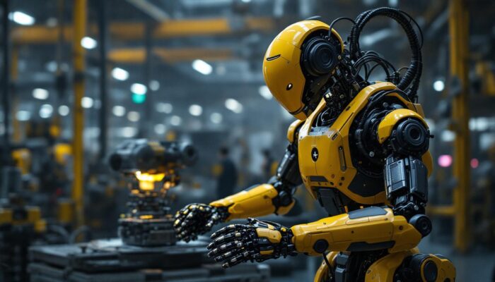 A photograph of a boston dynamics robot in action within an industrial setting