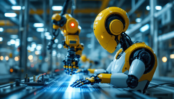 A photograph of a modern industrial robot in action