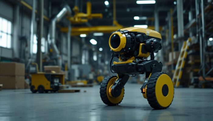 A photograph of capture a photograph of the boston dynamics spot mini in an industrial setting