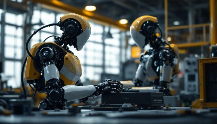 A photograph of a boston dynamics robot in an industrial setting