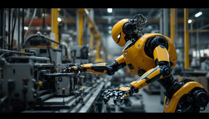 A photograph of capture a photograph of the boston dynamics spot robot in action within an industrial setting