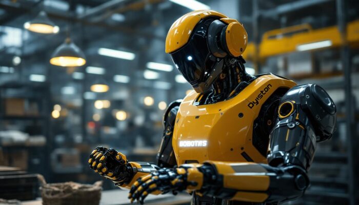 A photograph of a boston dynamics robot in action within an industrial setting