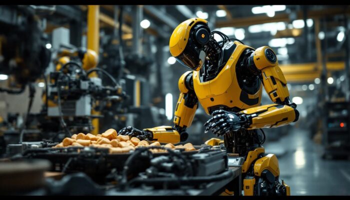A photograph of capture a photograph of boston dynamics' electric robot in an industrial setting